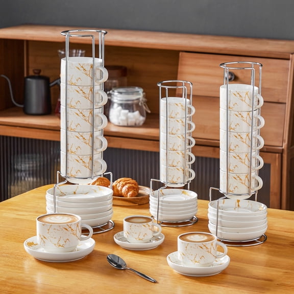 vancasso 2.5 Oz Stackable Espresso Cups with Saucers and Metal Stand Set of 6, Ceramic Cappuccino Cups, Microwave and Dishwasher Safe, Perfect For Tea, Espresso, White