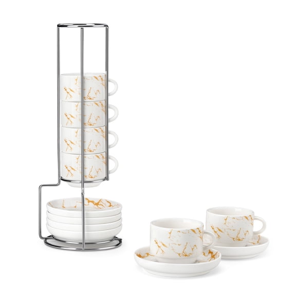 vancasso 2.5 Oz Stackable Espresso Cups with Saucers and Metal Stand Set of 6, Ceramic Cappuccino Cups, Microwave and Dishwasher Safe, Perfect For Tea, Espresso, White