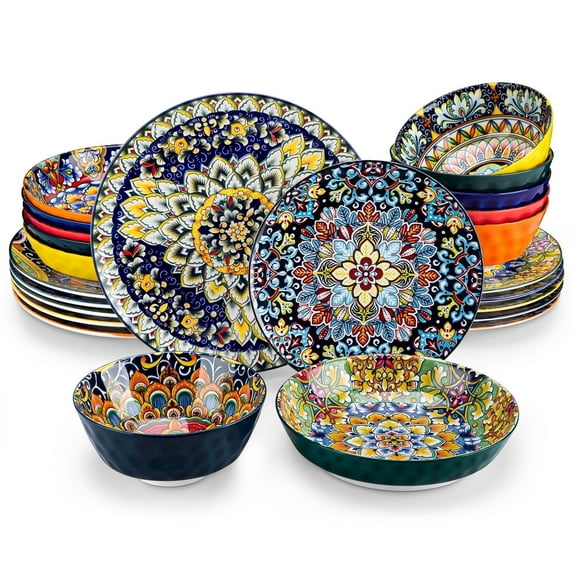 MALACASA 24 Piece Dinnerware Sets, Bohemian Plates and Bowls Set for 6, Porcelain Dinner Set, Multicolor