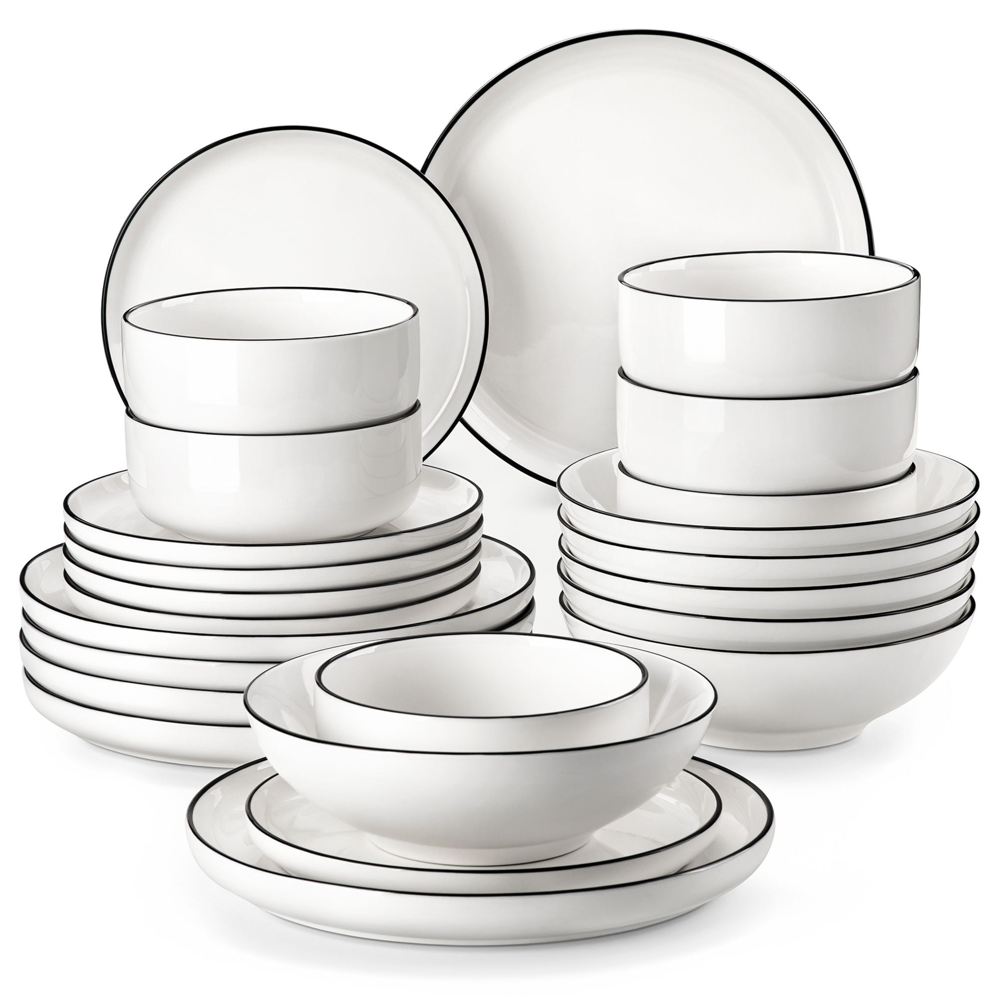MALACASA 24 Pieces Dinnerware Sets, Plates and Bowls Set for 6, Porcelain Dinner Set, White with Black Rim