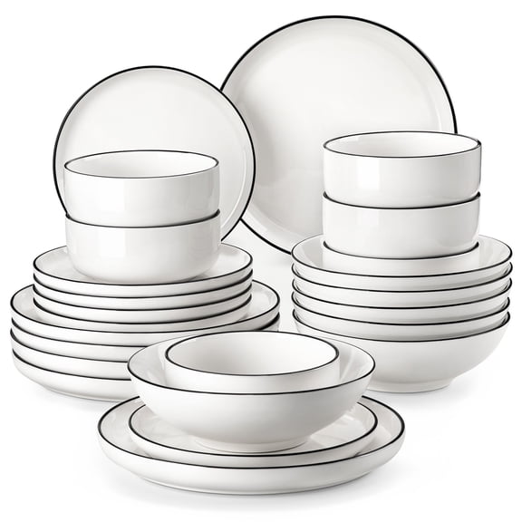 MALACASA 24 Pieces Dinnerware Sets, Plates and Bowls Set for 6, Porcelain Dinner Set, White with Black Rim