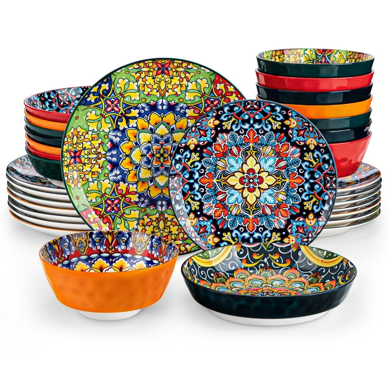 MALACASA 32 PCS Dinnerware Sets, Bohemian Plates and Bowls Set for