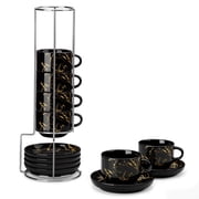 Vancasso 8 oz Coffee Mug Sets of 6, Stackable Espresso Cups with Saucers & Stand, Ceramic Cappuccino Cups for Espresso, Tea, Black