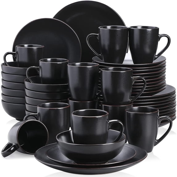 vancasso, 48-Piece Porcelain Dinnerware Set, Matte Black Dinner Set, for 12