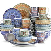 vancasso 48 Pieces Porcelain Dinner Set for 12 - Mandala Dinnerware Dish Set Artisanal Pieces with 10.5in Dinner Plate, 8in Dessert Plate, 6in Bowl and 13oz Mug, Boho Colourful Tableware
