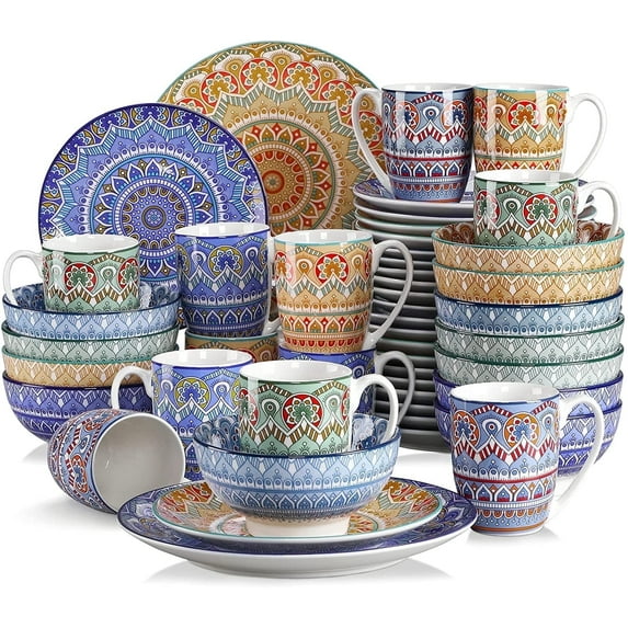 vancasso 48 Pieces Porcelain Dinner Set for 12 Mandala Dinnerware Dish Set Artisanal Pieces with 10.5in Dinner Plate, 8in Dessert Plate, 6in Bowl and 13oz Mug, Boho Colourful Tableware