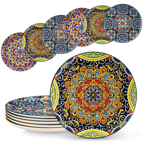 MALACASA Bohemian Style 6 Piece Dinner Plates Sets, 10.5" large dinner plates Service for 6, Microwave and Dishwasher Safe, Durable Ceramic Dinnerware Plates for Boho Chic Dining, Paisley