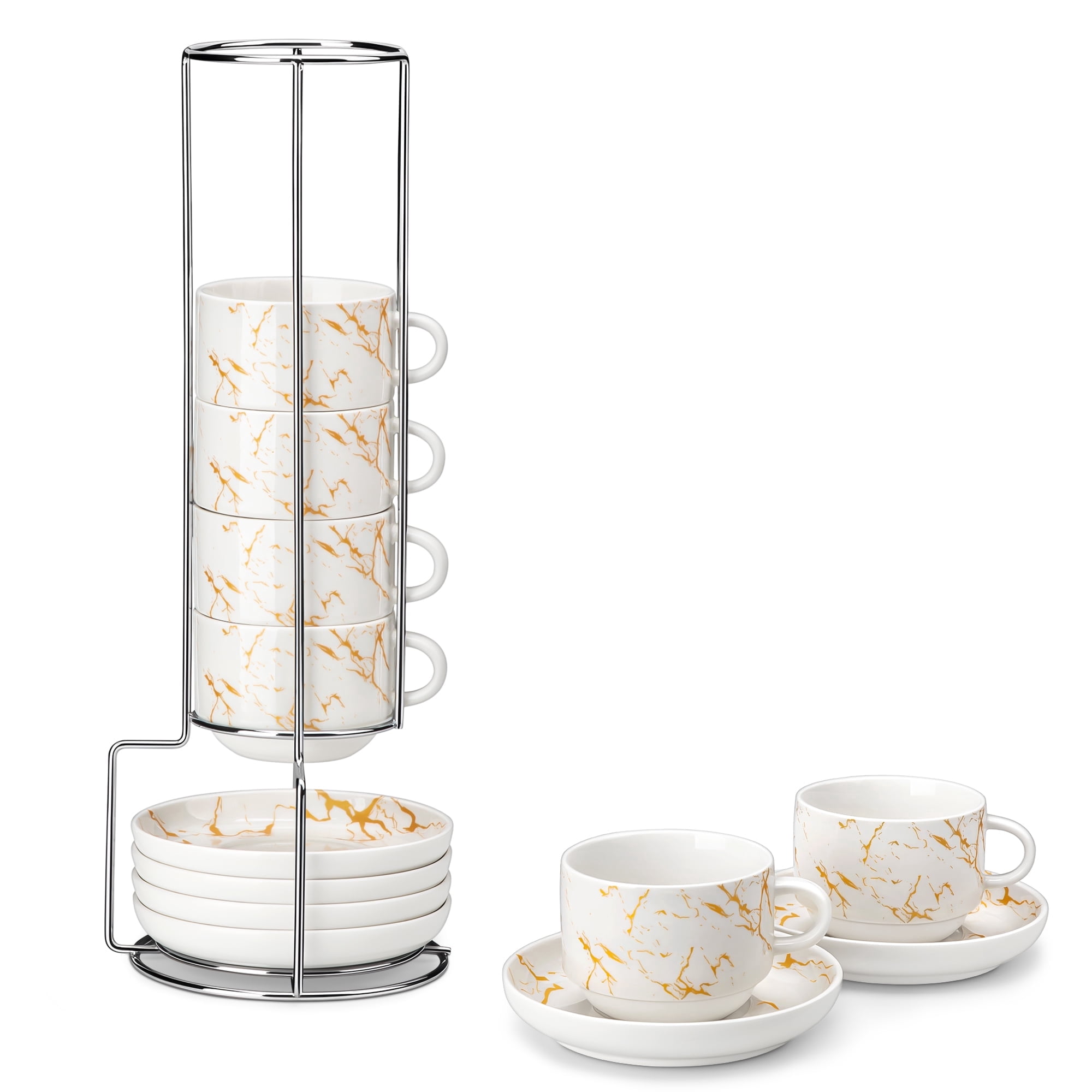 Vancasso 8 oz Coffee Mug Sets of 6, Stackable Espresso Cups with Saucers &  Metal Stand, Ceramic Cappuccino Cups for Espresso, Tea, White