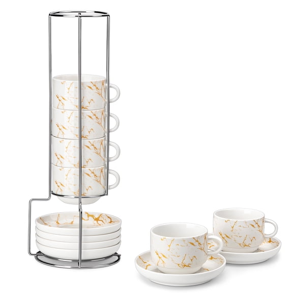 vancasso 8 Oz Stackable Espresso Cups with Saucers and Metal Stand Set of 6, Ceramic Cappuccino Cups, Microwave and Dishwasher Safe, Perfect For Tea, Espresso, Latte, White