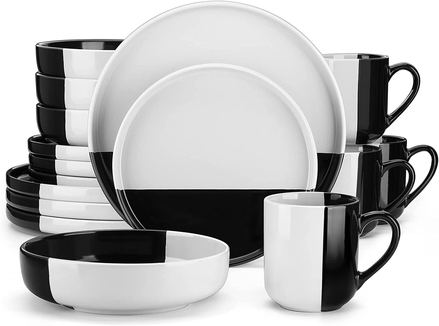 vancasso Aria, 16 Pieces Stoneware Dinnerware Set, White & Black Dipped