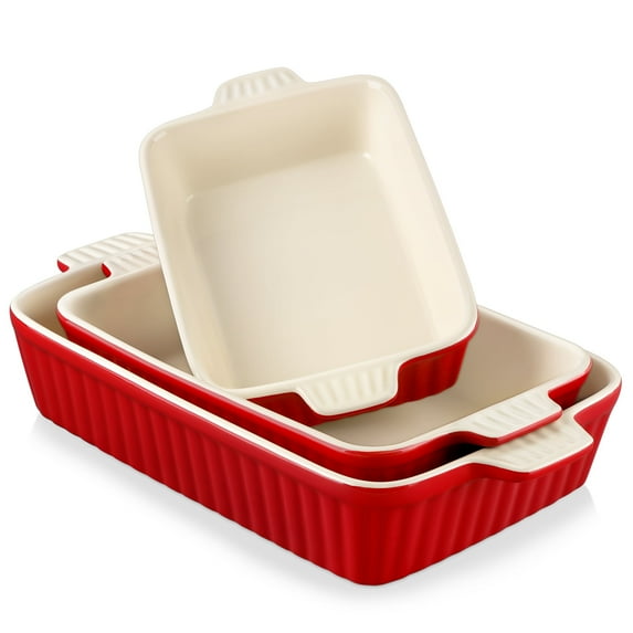 vancasso Baking Dish Set, Ceramic Bakeware Sets of 3, Casserole Dishes for Oven, Lasagna Pan Deep, Rectangular Baking Pan Set with Handles for Baking, Red