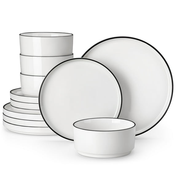 vancasso 12 pcs Dinnerware Sets, Plates and Bowls Set for 4, Ceramic Dinner Set, White