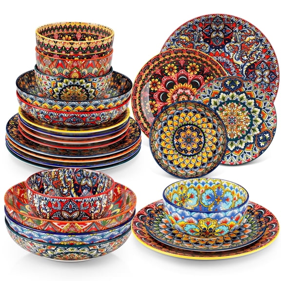 Vancasso Dinnerware Set, Porcelain Plates and Bowls Set for 6, 24 Pieces Ceramic Boho Tableware Set for Kitchen, Bohemian Style Dish Set, Dishwasher and Microwave Safe