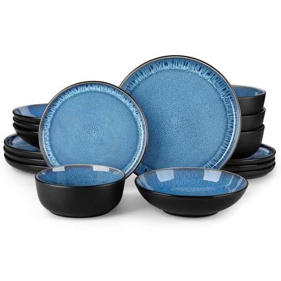 MALACASA 16 pcs Dinnerware Sets, Plates and Bowls Set for 4, Stoneware Dinner Set, Blue