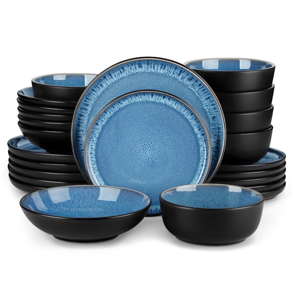 MALACASA Dinnerware Set, Stoneware Plates and Bowls Set for 6, 24 Piece Dishes Set, Blue