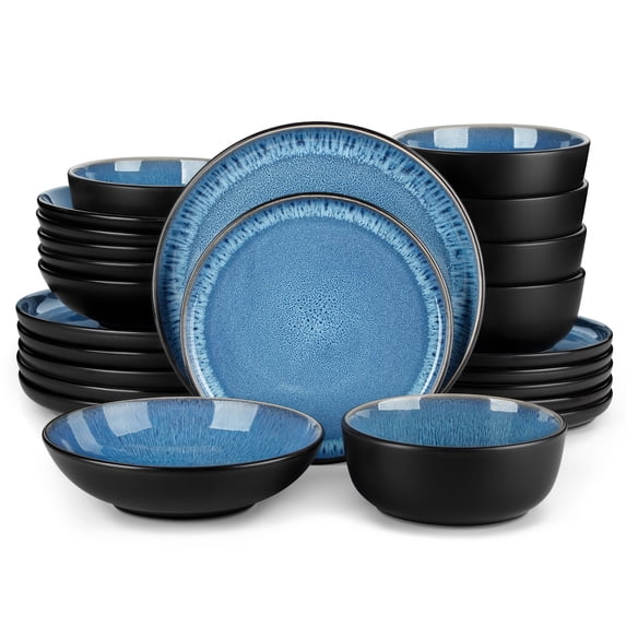 MALACASA Dinnerware Set, Stoneware Plates and Bowls Set for 6, 24 Piece Dishes Set, Blue