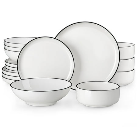 Vancasso 16‑Piece Porcelain Dinnerware Set, Service for 4, Plates and Bowls Sets, Dinner Plates, Dessert Plates, Cereal Bowls, Dishwasher and Microwave Safe, White - Black