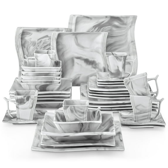 vancasso 36 pcs Dinnerware Sets, Plates and Bowls Set for 6, Porcelain Dinner Set, Marble Gray