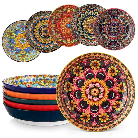 Vancasso Pasta Bowls, Porcelain 32 oz Pasta Bowls Set of 6, Bohemian Ceramic Salad Bowls Shallow Bowls, Large Serving Dinner Bowls for Soup and Cereal, Microwave and Dishwasher Safe