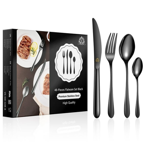 vancasso 48 Piece Silverware Sets , Stainless Steel Knife and Fork for 12,Black Round handle