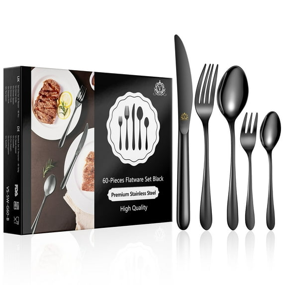 vancasso 60 Piece Silverware Sets , Stainless Steel Knife and Fork for 10,Black Round handle