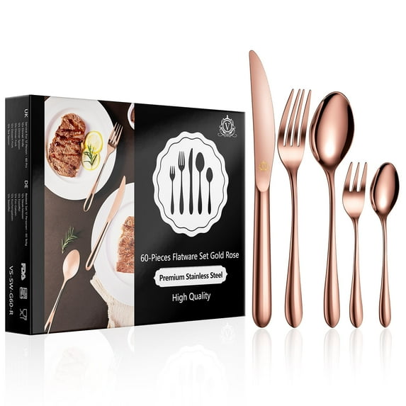 vancasso 60 Piece Silverware Sets , Stainless Steel Knife and Fork for 10,Rose Gold Round handle
