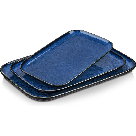 vancasso Stern, Serving Platters Set of 3, Rectangular Stoneware Plates, Blue Serving Trays