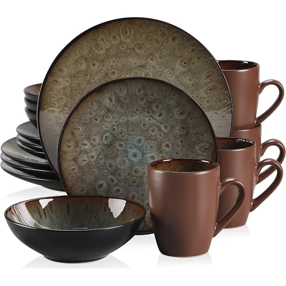 vancasso Stoneware Set Dinnerware Microwave Safe 31 lb, 16-Piece Dish Set, Brown