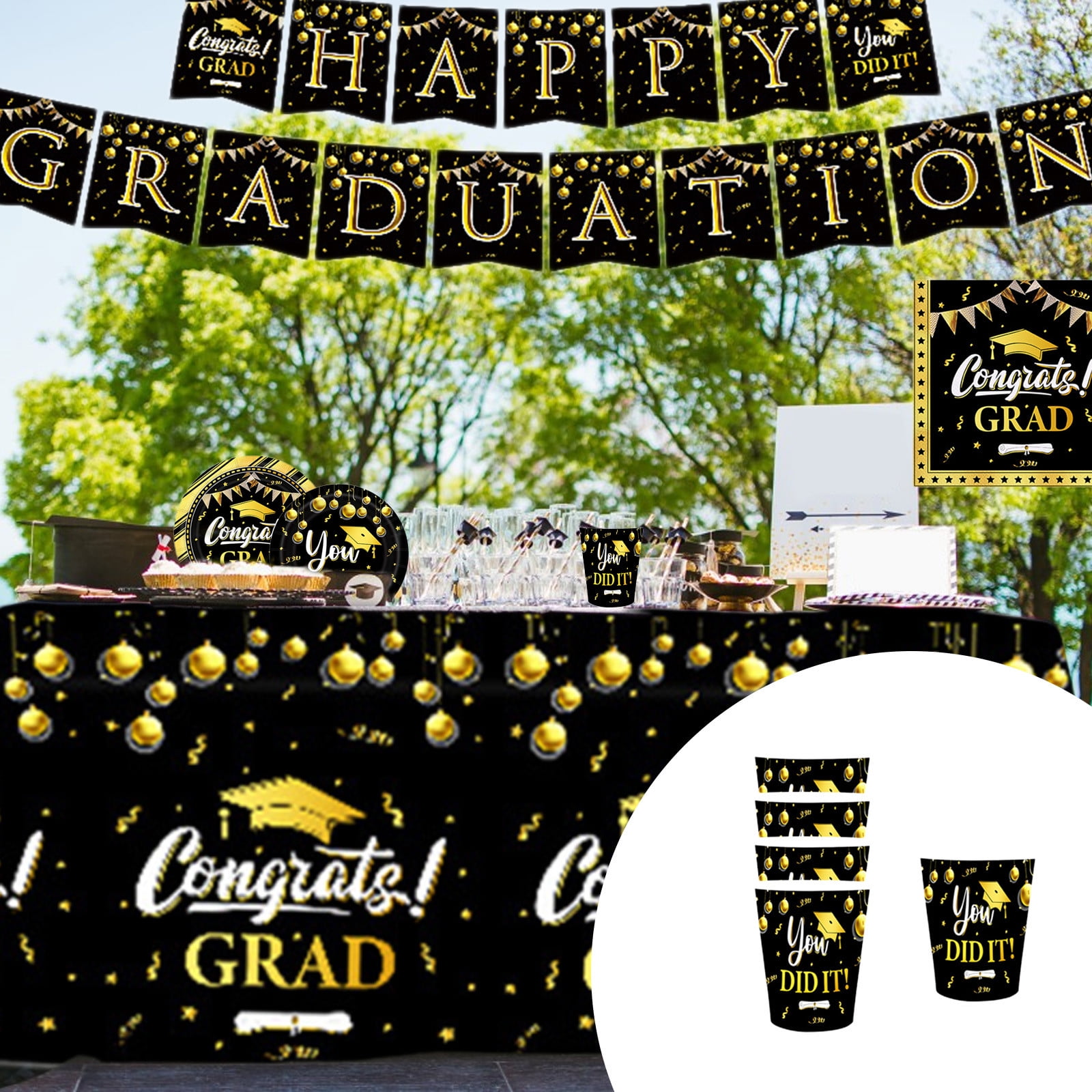 vankin Black Party Decoration Supplies Set of 9 Paper Plates and Cups, Disposable for Up to 16 Guests