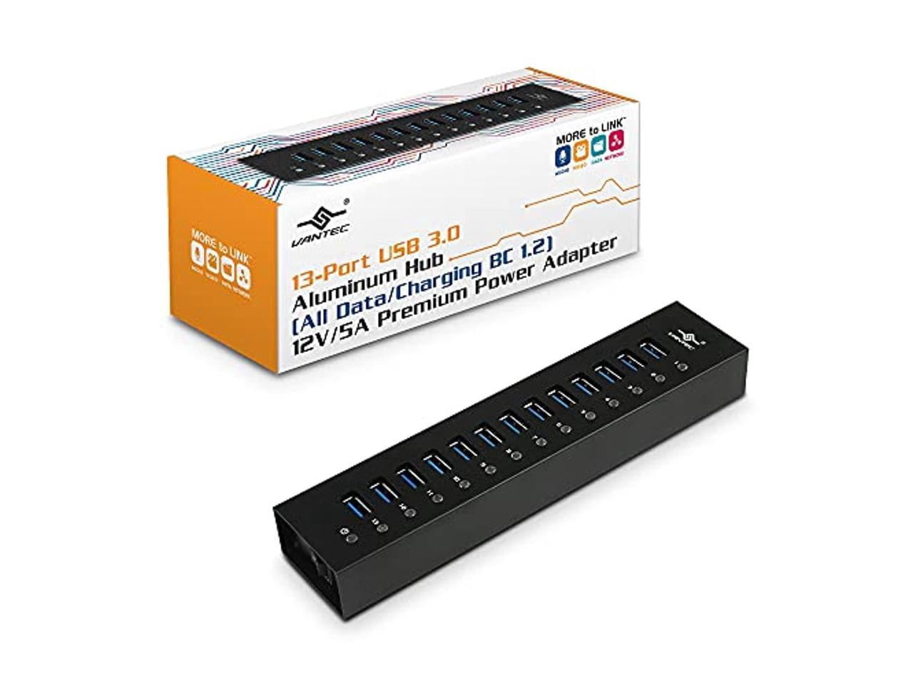 vantec 13-port usb 3.0 hub, aluminum, full powered, mountable, with all ports data & charging up to 1.5a, bc 1.2, premium 12v/5a power adapter (ugt-ah131u3-bk)