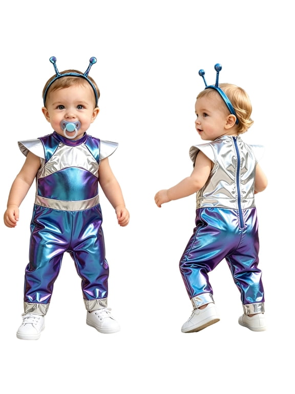 2-Pieces Baby Alien Outfit Toddler Boys Girls Metallic Jumpsuit with Antenna Headband Blue 5T