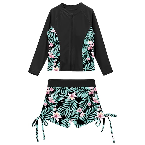 vastwit 2Pcs Girls Swimsuit Sun Protection Long Sleeve Bathing Suit Swim Trunks with Tops Set Black 12