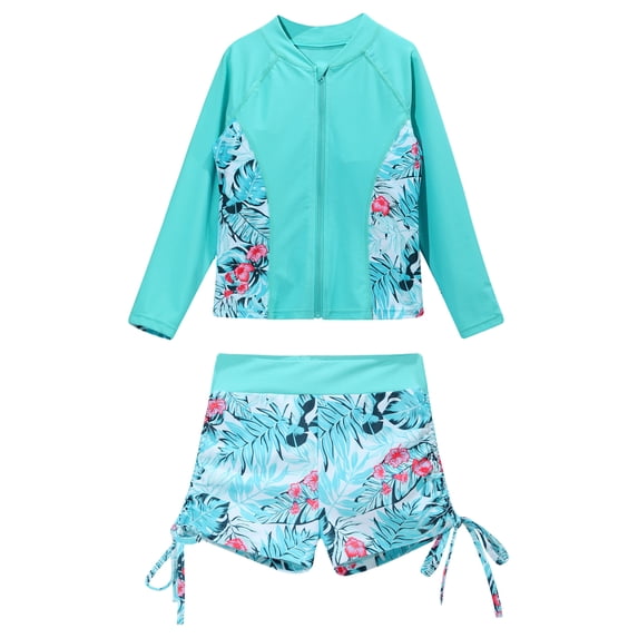 vastwit 2Pcs Girls Swimsuit Sun Protection Long Sleeve Bathing Suit Swim Trunks with Tops Set Light Green 6