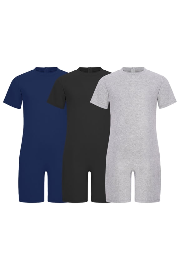 3-Pack Adaptive Romper for Kids Girls Boys Anti-strip Short Leg Jumpsuit with Special Needs Dark Blue Black Grey 16