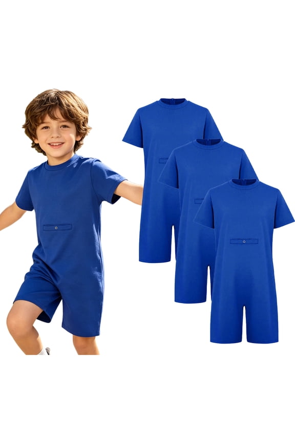 3-Pack Kids Special Needs Adaptive Clothing for Children Short Sleeve Anti-strip Romper Zip Back Jumpsuit Royal Blue 8