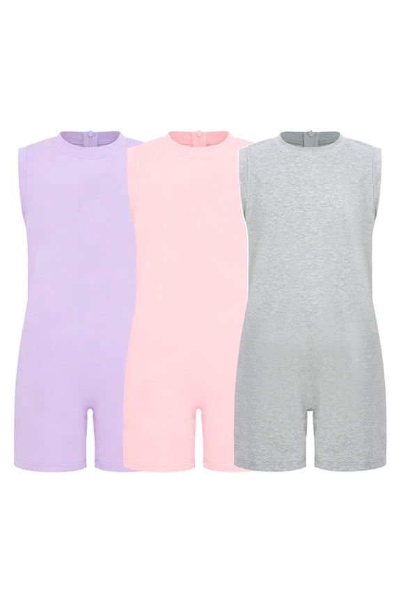 3-Pack Kids Special Needs Adaptive Clothing for Children Sleeveless Back Zip Romper Anti-Strip Jumpsuit Pink Lavender Grey 6
