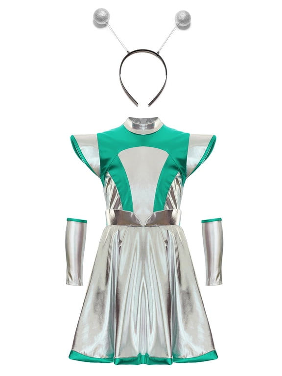 3Pcs Girls Alien Costume Kids Dress Ups Outfits Metallic A-line Dress Outer Space Man Costume Green Silver 10