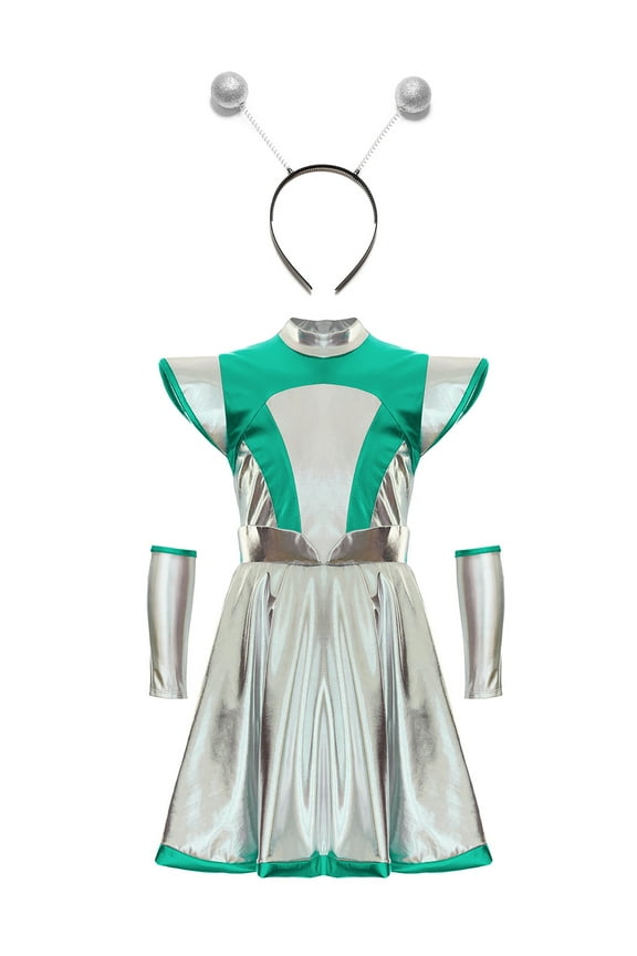 3Pcs Girls Alien Costume Kids Dress Ups Outfits Metallic A-line Dress Outer Space Man Costume Green Silver 10