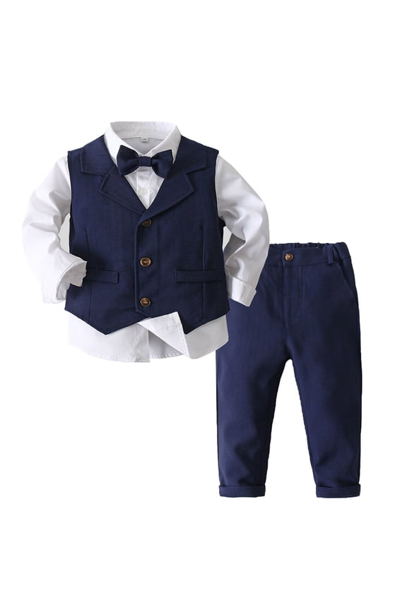 4 Piece Formal Suit Bow Tie Long Sleeve Dress Shirt + Tuxedo Vest + Pants Set Baby Boys & Toddler Navy Blue-B 18-24 Months