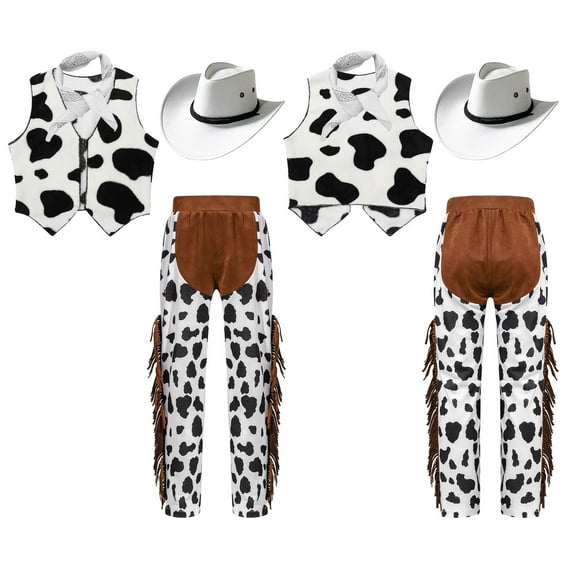 vastwit 4Pcs Unisex Cowboy Cowgirl Costume Kids Cow Print Vest with Pants Bandanna Western Cowboy Hat White 12