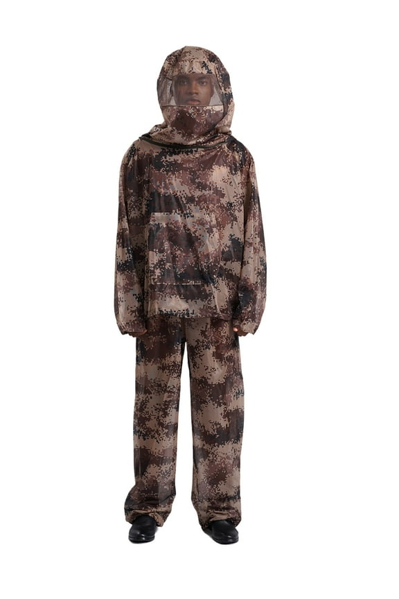 Adult Mosquito Suits Ultra-fine Mesh Net Bug Pants with Hooded Jacket Desert Camouflage XL/XXL