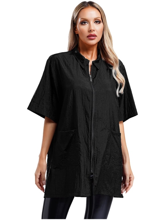 Adult Waterproof Barber Jacket with Side Pocket Salon Smock Pet Groomer Barber Black L
