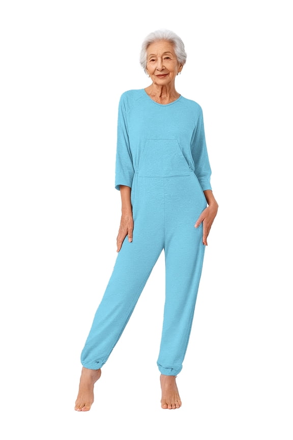Anti-Strip Long Leg Jumpsuit for Adaptive Clothing Adult Elderly Women Dementia & Special Needs Light Blue XL