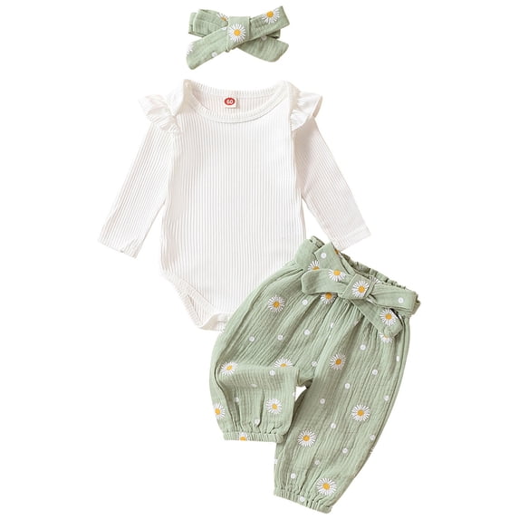 vastwit Baby Girls Clothes Outfits Infant Long Sleeve Romper Bodysuit & Pants & Headband Set Light Green 12-18 Months