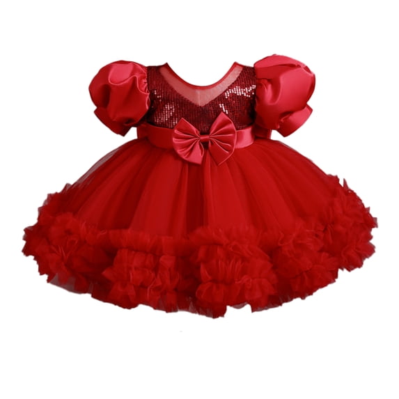 vastwit Baby Girls Princess Sequins Bowknot Dress Kids Puff Sleeve Birthday Pageant Wedding Tutu Gown Red 4-5