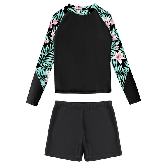 vastwit Big Girls 2 Piece Swimsuit Long Sleeve Rash Guard Bathing Suit Swim Tops with Shorts Set Black 4