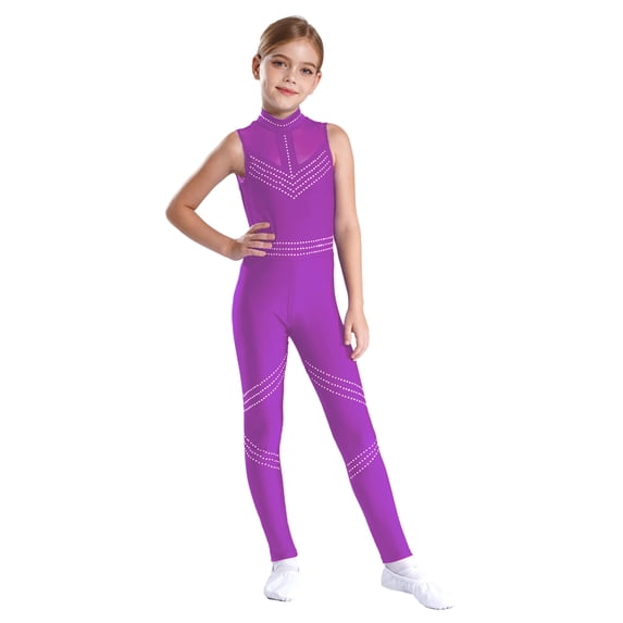 vastwit Big Girls Dance Unitard Gymnastics Skating Jumpsuit Sleeveless Mock Neck Rhinestone Mesh Bodysuits Purple 12