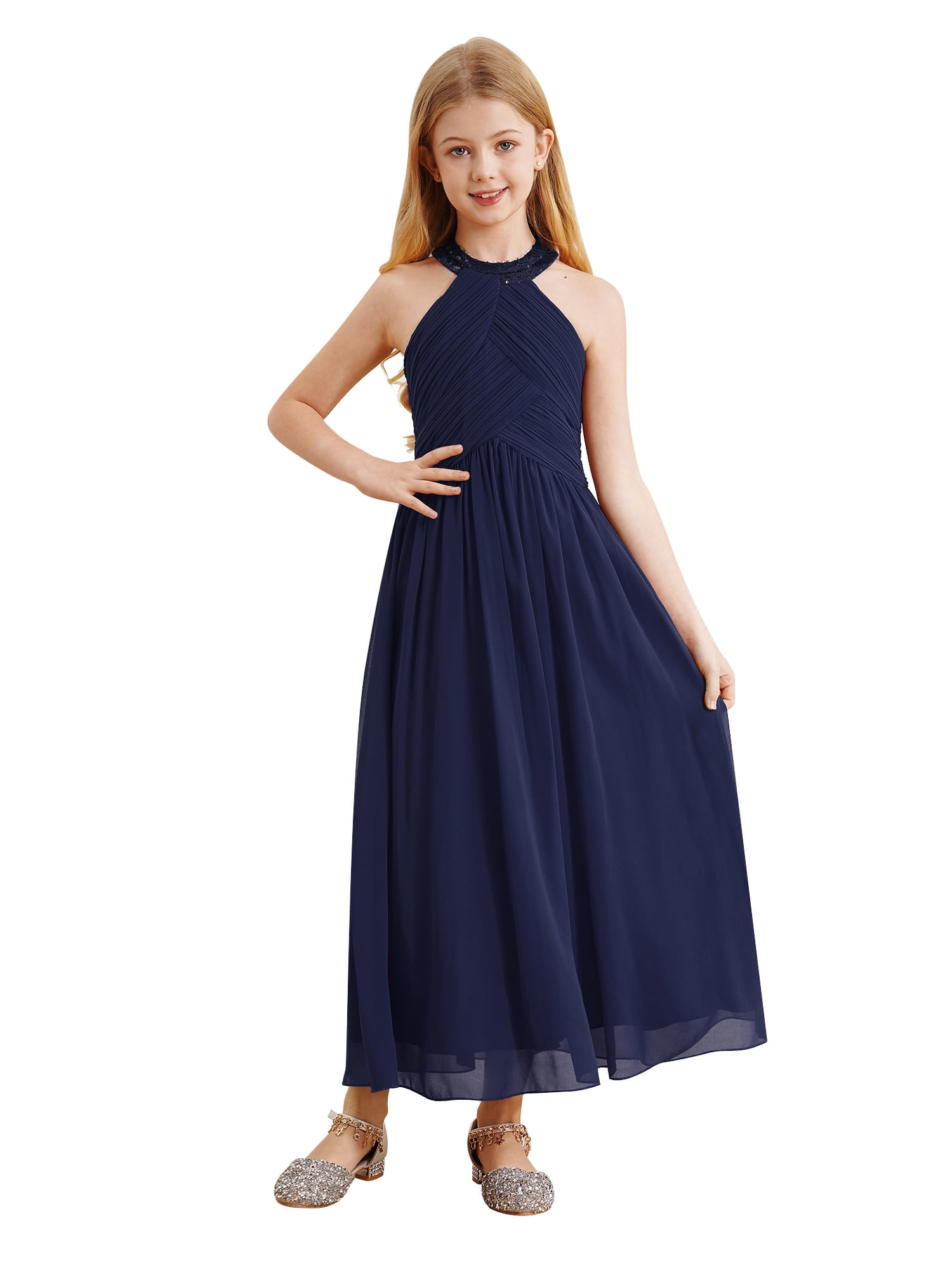 Vastwit Girls Halter Neck Ruched Chiffon Wedding Party Bridesmaid Ball Gown Maxi Long Flower Dress Navy Blue 8