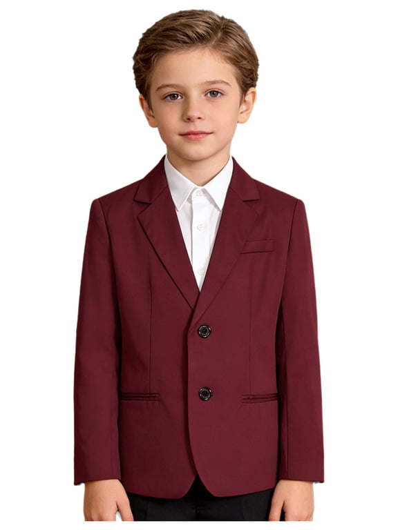 Boys Gentleman Blazer Classic Long Sleeve 2-Button V-Neck Suit Jacket Formal Outerwear for Weddings Burgundy 8
