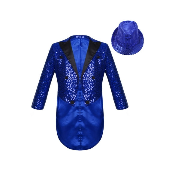 vastwit Boys Sequin Tailcoat Classic Fit Tuxedo Suit Jacket Dinner Party Show Swallow-Tailed Coat Blue-A 14
